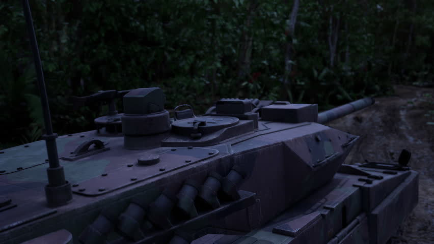 A military tank rests camouflaged amidst thick jungle vegetation during dusk, ready for potential engagement or reconnaissance, blending into the surroundings effectively.