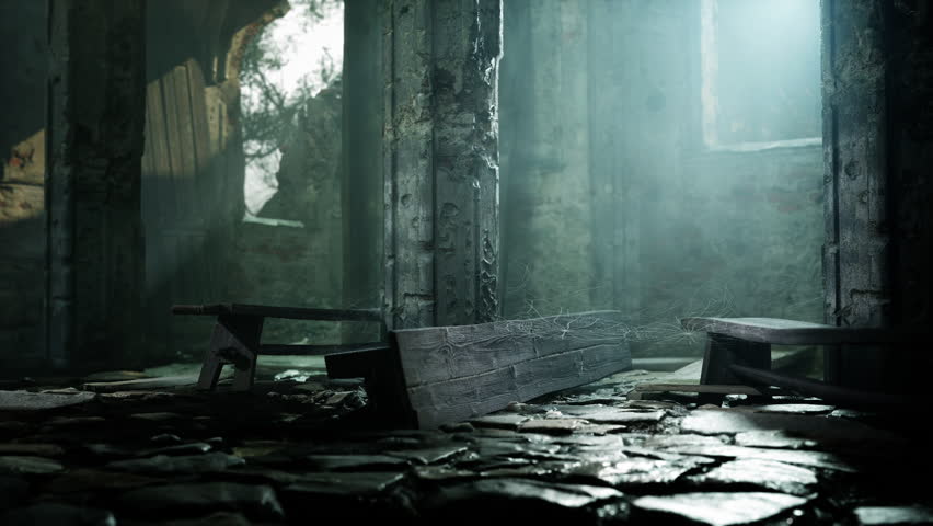 A view of an abandoned church with wooden benches inside, illuminated by sunlight streaming through the windows of the ancient monastery ruins.