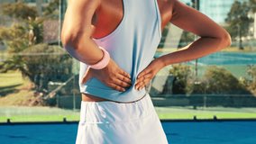Person, athlete and back pain with muscle tension for sore spine, ache or fibromyalgia on tennis court. Closeup, player or emergency with sprain or strain for sport injury, bad posture or bruise - Powered by Shutterstock - Get 15% off with code: PIKWIZARD15