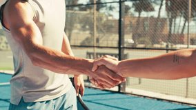 Handshake, sports and tennis players on court for greeting, trust or competition at tournament. Fitness, activity and athletes shaking hands for end of match, game or training together at stadium. - Powered by Shutterstock - Get 15% off with code: PIKWIZARD15