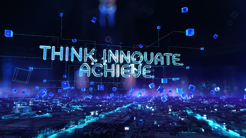 Think. Innovate. Achieve- businessman working with virtual reality at office.