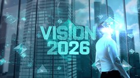 Vision 2026. Businessman Working in Office among Skyscrapers. Hologram Concept - Powered by Shutterstock - Get 15% off with code: PIKWIZARD15