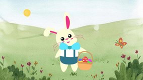 Cute Easter bunny holding colorful eggs in a spring meadow with flowers, butterflies and a bright sky.
 - Powered by Shutterstock - Get 15% off with code: PIKWIZARD15