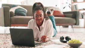 Home, document and woman on floor, laptop and accounting assignment for university. Financial charts, person or student on carpet, PC or paperwork with stats for economy task or education with graphs - Powered by Shutterstock - Get 15% off with code: PIKWIZARD15