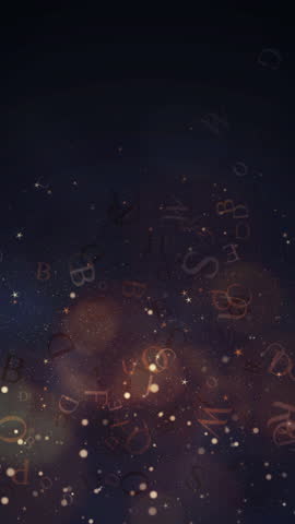 Dark fantasy background with handwritten flying letters. Glitter confetti alphabet with gold dust. Loop animation. Vertical video.