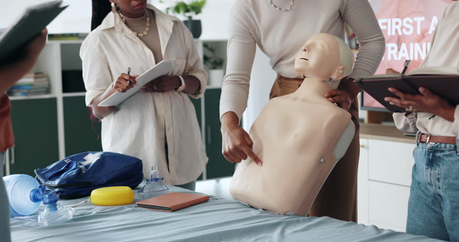 People, hands or mannequin for first aid lesson for rescue safety, demonstration class or education. Body dummy, pointing or paramedic in presentation for medical emergency, learning procedure or cpr