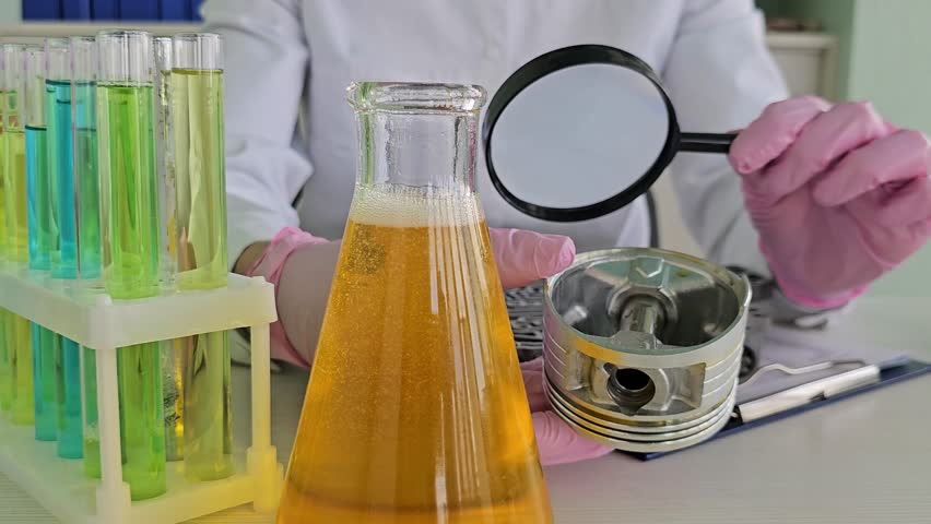 Chemical motor oil on car piston in laboratory closeup. Car piston is examined in laboratory and filled with oil