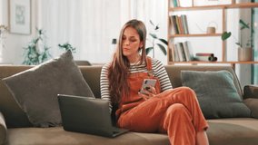 Woman, phone and laptop on couch in home with online shopping, click and banking with easy payment. Person, smartphone and computer with smile for deal, sale or mobile app for fintech with ecommerce - Powered by Shutterstock - Get 15% off with code: PIKWIZARD15