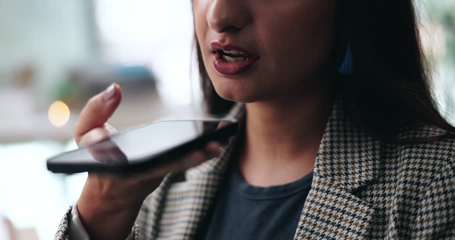 Office, business woman and speaker with mobile for talking, networking or leave message for contact. Closeup, mouth or female consultant with phone for application, voice note or recording discussion