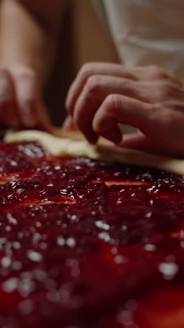 Vertical video. Rolling Dough Filled with Cherry Jam into a Tight Roll, Preparing to Cut into Individual Rolls. Slow motion.