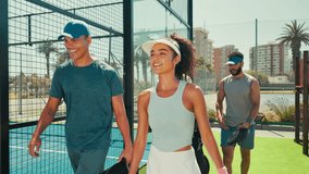 Walking, greeting or people in sports with fist bump for game, match or training session in summer. Start, group or athletes with handshake on outdoor tennis court for playing together or practice - Powered by Shutterstock - Get 15% off with code: PIKWIZARD15