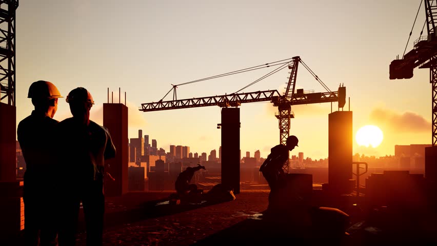 Silhouettes of builders on a construction site against the backdrop of sunset. Tower cranes, workers in hard hats and unfinished structures against the backdrop of a cityscape. A symbol of hard work, 