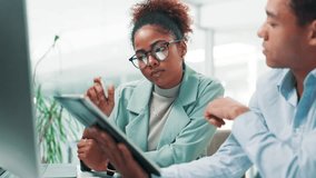 Trading, people and planning with tablet in office for stock market analysis, equity research or finance review. Professional trader, teamwork and talking of currency price, crypto strategy or profit - Powered by Shutterstock - Get 15% off with code: PIKWIZARD15