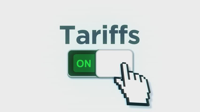 This animation shows a digital switch labeled “Tariffs” being toggled on, symbolizing trade policy control. A pixelated hand cursor adds an interactive, tech-inspired touch to the economic concept.  	