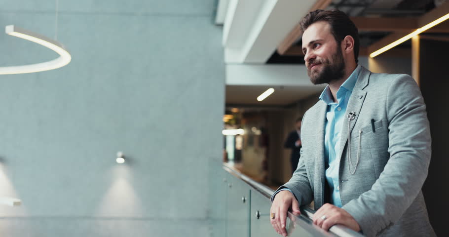 Happy, businessman or office building with balcony for corporate ambition or development. Portrait, man or financial investor with smile for industrial company, growth or vision at workplace on space