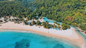 Palm trees on a wild sandy beach of a tropical paradise island. Exotic landscape for a dreamy and inspiring summer holiday. Beach nature concept. Sunny outdoor tourism. Turquoise waves on white sand. - Powered by Shutterstock - Get 15% off with code: PIKWIZARD15