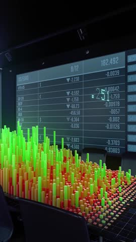 Charts Diagrams of Financial Statistics report Growing on Table in Office Interior. Red and green blocks. Exchange trading Gambling concept. Digital screen with stats. 3d animation