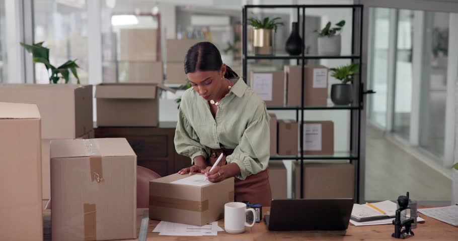Woman, laptop and stock inventory in office, update website and package management. Female person, freight distribution and email supplier for order in workplace, inspection and barcode delivery