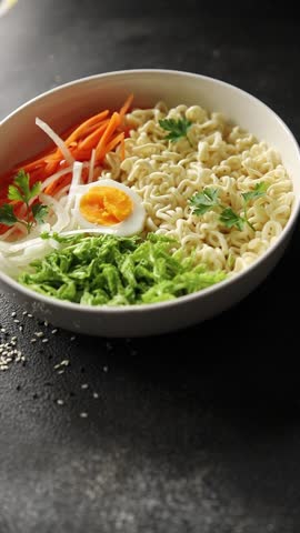 budda bowl noodles vegetable salad tasty fresh gourmet food background table rustic food top view copy space vegetarian and vegan food