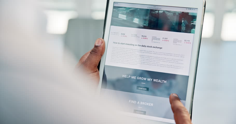 Person, hands and research with tablet screen for stock market, trading or web browser at office. Closeup, employee or trader browsing on technology display for foreign exchange, investment or app
