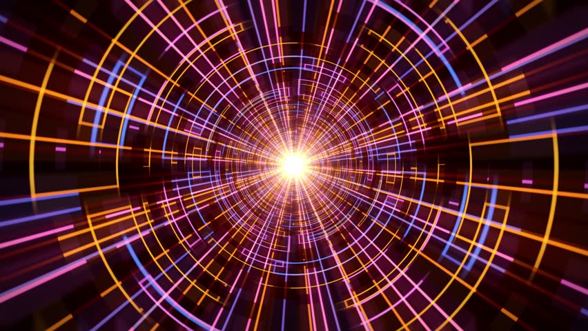 Seamless loop background with shiny tunnel made of bright orange, purple and blue digital patterns. Abstract screensaver with animation of transparent hologram corridor and colorful lines. 4K 60 fps