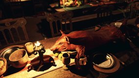 A beautifully arranged banquet table features an assortment of dishes, drinks, and a whole roasted pig as the centerpiece, showcasing an inviting and festive atmosphere. - Powered by Shutterstock - Get 15% off with code: PIKWIZARD15