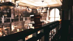 Inside an old library, sunlight filters through large windows, illuminating rows of bookshelves. A stack of books rests on a wooden railing, inviting exploration of the literary treasures within. - Powered by Shutterstock - Get 15% off with code: PIKWIZARD15