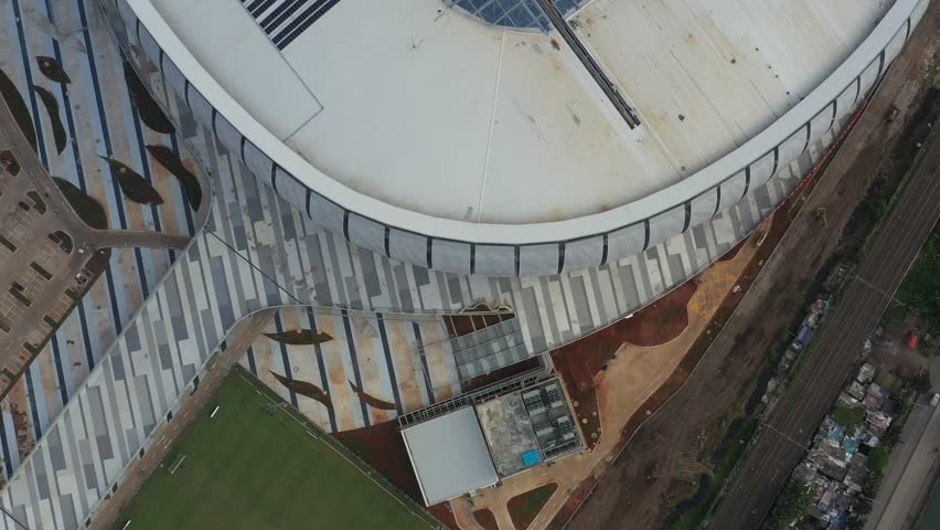 Jakarta, Indonesia, December 16, 2021.View of Construction of new football stadium for upcomming Indonesia Team. Jakarta International Stadium in the North Jakarta. Selective focus on floor or grass.