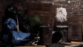 A disorganized storage area presents a variety of trash bags, cardboard boxes, and metal trash bins. The dimly lit space highlights neglect and waste accumulation over time. - Powered by Shutterstock - Get 15% off with code: PIKWIZARD15