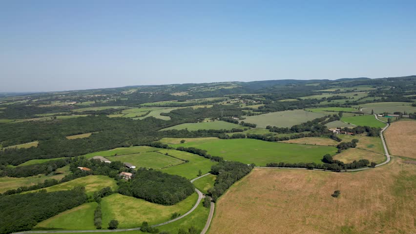 Farmland, forests, and panoramic drone views, French countryside. France, Europe.