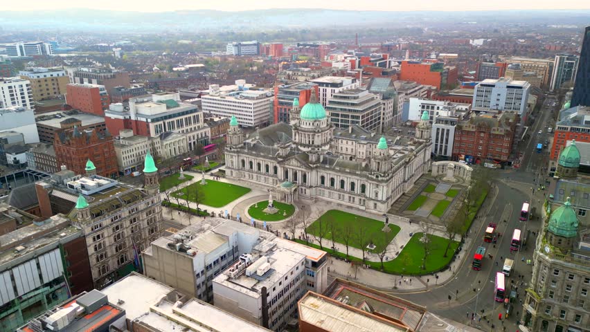 Rotating aerial of Belfast City Hall on a bright Spring day. Filmed in 4K, 30 frames per second and in Rec709 color.