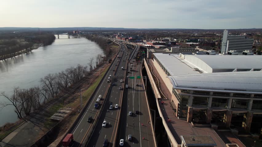 Overhead of interstate traffic in Hartford, CT, 4K. I-91 and Hartford Convention Center.