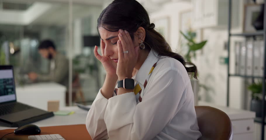 Business woman, fatigue and computer with burnout, tired and frustrated with project or anxiety in workplace. Person, headache or consultant with migraine for stress, brain fog or dizzy with crisis