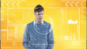 Smiling man holding red umbrella with digital interface animation overlay. Technology, futuristic, innovation, protection, happiness, outdoor - Powered by Shutterstock - Get 15% off with code: PIKWIZARD15