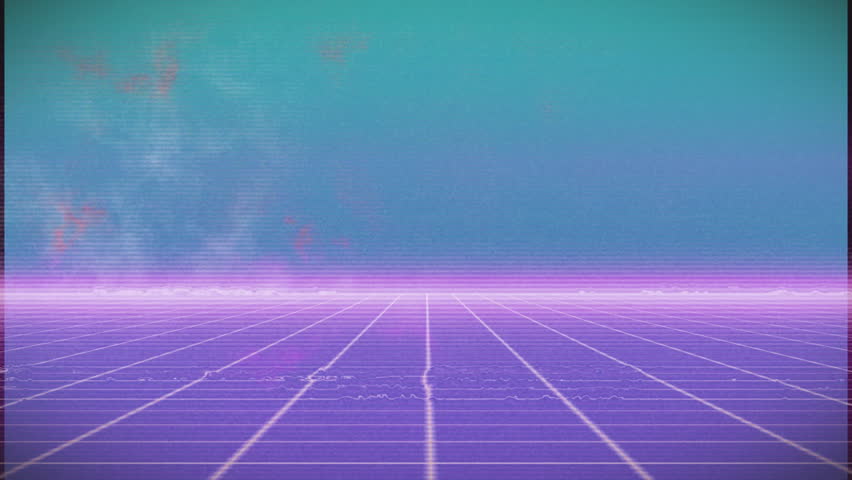 Animation of retro futuristic grid landscape with vibrant purple and teal sky. neon, synthwave, digital, cyberpunk, 80s