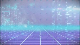 Glowing cityscape with floating dots in retro futuristic animation grid background. neon, cyberpunk, digital, sci-fi, technology - Powered by Shutterstock - Get 15% off with code: PIKWIZARD15