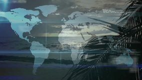 World map and data processing animation over tropical beach landscape. Technology, digital, global, vacation, paradise, coastline - Powered by Shutterstock - Get 15% off with code: PIKWIZARD15