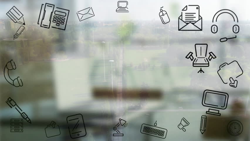 Animation of red cloud outline with Go surrounded by office icons on glass. Technology, innovation, creativity, business, digital, modern
