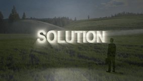 Standing in green field, person with glowing animation of solution text. Innovation, creativity, inspiration, futuristic, graphic, digital - Powered by Shutterstock - Get 15% off with code: PIKWIZARD15
