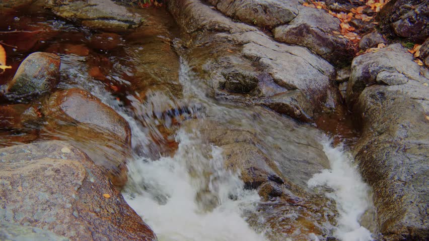 This 4K footage showcases a serene creek flowing through the Roaring Brook Falls area in the Adirondacks during peak autumn, surrounded by colorful trees and tranquil scenery.