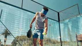 Padel tennis, serve and sports with man on court for competition, training and performance. Game, health workout and fitness club with person in match for athlete, exercise and racket tournament - Powered by Shutterstock - Get 15% off with code: PIKWIZARD15