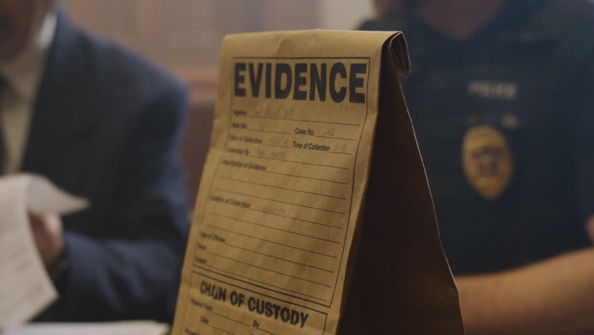 Evidence bag in court room scene