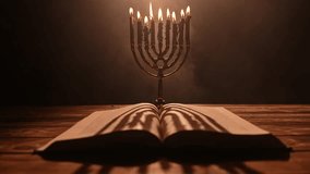 A beautifully crafted vintage menorah shines brightly with candlelight, illuminating an open book. This sacred moment reflects Jewish faith and traditions, evoking the festive spirit of Hanukkah. - Powered by Shutterstock - Get 15% off with code: PIKWIZARD15