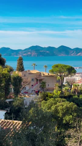 Panoramic view of turquoise sea, colorful houses, marina and waterfront Cote d'Azur France, Provence, Alps. High quality 4k footage