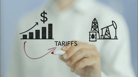 Professional financial analyst drawing upward trend of oil tariffs on transparent screen, visualizing economic strategy and market potential against white background - Powered by Shutterstock - Get 15% off with code: PIKWIZARD15