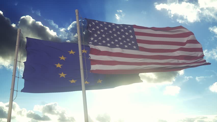 The flags of the United States of America and the European Union waving in the wind - Powered by Shutterstock - Get 15% off with code: PIKWIZARD15