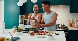 Smoothie, health and blender with couple in kitchen for nutrition, bonding and fitness diet. Detox, helping and recipe with man and woman with fruit at home for drink, weight loss and breakfast - Powered by Shutterstock - Get 15% off with code: PIKWIZARD15