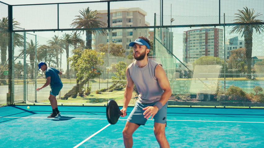 Sports team, tennis court and men with padel for game, match and competition outdoors. Fitness, athlete and people with paddle for training, exercise and workout for tournament, challenge or practice