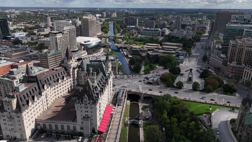 Downtown ottawa aerial traffic driving summer day