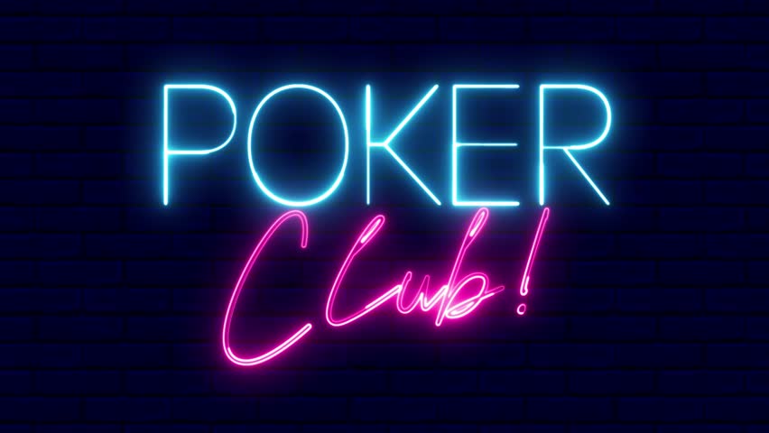 Poker Club neon sign. Poker Club word text font with neon light. Luminous and shimmering haze inside the letters of the text Poker Club. 
